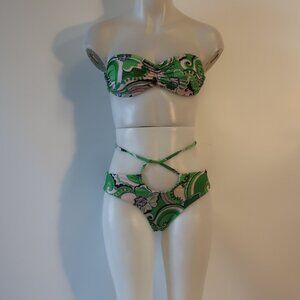 Womens Cin Cin Green, Black, White 2PC Bandeau Bikini Swimsuit M